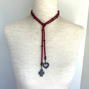Oxidized Sterling Silver 925 42" Long Red Beaded Strand Cross & Heart Y Necklace